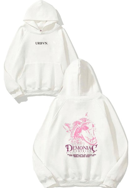 Demoniac Tasarım Baskılı Oversize Beyaz Kapüşonlu Sweatshirt