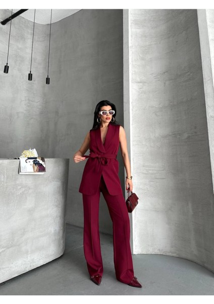 Kadın Şal Yaka Kuşaklı Yelekli Palazzo Pantolonlu Takım Elbise