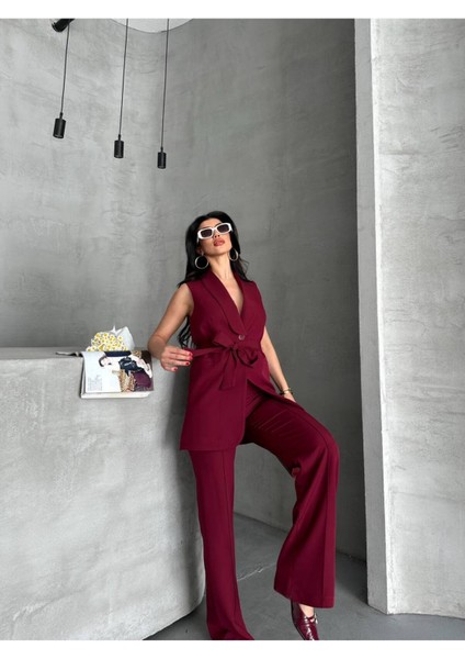 Kadın Şal Yaka Kuşaklı Yelekli Palazzo Pantolonlu Takım Elbise fiyatları