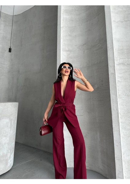 Kadın Şal Yaka Kuşaklı Yelekli Palazzo Pantolonlu Takım Elbise modelleri