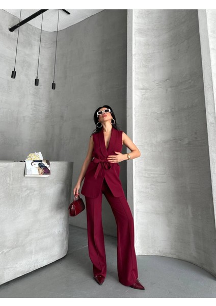Kadın Şal Yaka Kuşaklı Yelekli Palazzo Pantolonlu Takım Elbise