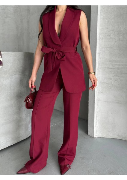 Kadın Şal Yaka Kuşaklı Yelekli Palazzo Pantolonlu Takım Elbise