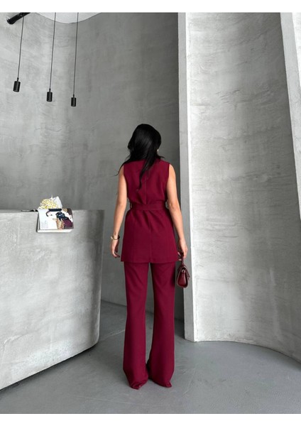 Kadın Şal Yaka Kuşaklı Yelekli Palazzo Pantolonlu Takım Elbise