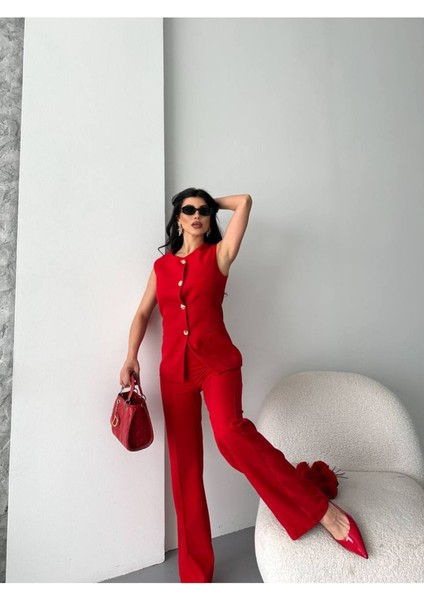 Kadın Alt Üst Takım Şık Düğme Detaylı Premium Yelek Pantolon Ikili Takım Elbise