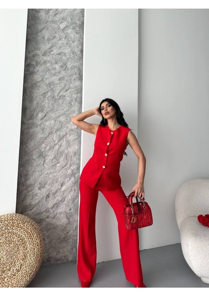 Kadın Alt Üst Takım Şık Düğme Detaylı Premium Yelek Pantolon Ikili Takım Elbise modelleri