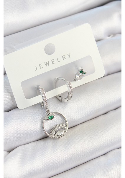 Pirinç Zirkon Taşlı Göz ve Baykuş Model Gümüş Renk 3'lü Çift Kadın Küpe Set