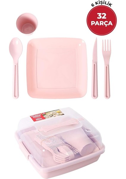 Piknik Seti, 6 Kişilik Piknik Seti, Taşımalı Çanta Piknik Seti, 32 Parça Piknik Seti, Pasta Börek Taşıma Kabı, Kamp Seti, Piknik Yemek Takımı (Pembe) modelleri