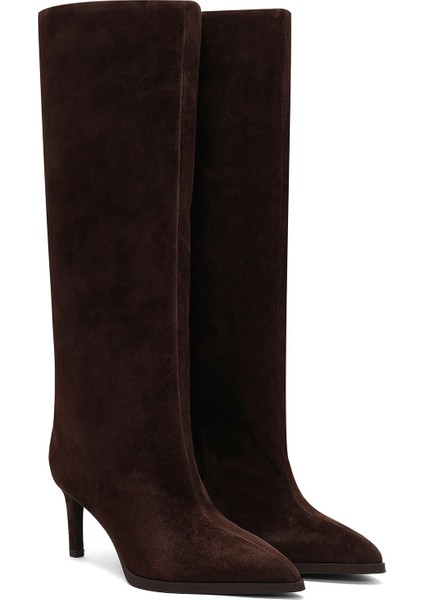 Kadın Kahverengi Ince Topuklu Süet Deri Çizme 25WFD491710 indirimleri