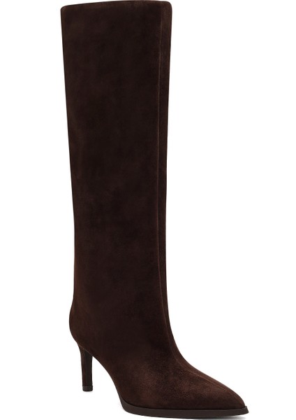 Kadın Kahverengi Ince Topuklu Süet Deri Çizme 25WFD491710