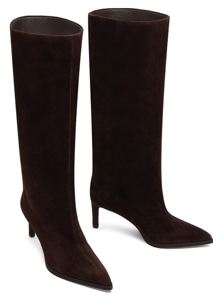 Kadın Kahverengi Ince Topuklu Süet Deri Çizme 25WFD491710