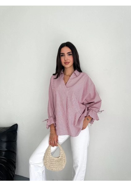 Kadın Arkası Asimetrik Yırtmaç Kesim Detaylı Cizgili Bluz Gömlek - Bordo