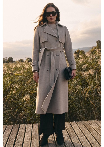 Pelerin Detaylı Kruvaze Kaban Taş Melanj 3091