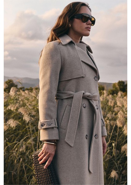 Pelerin Detaylı Kruvaze Kaban Taş Melanj 3091