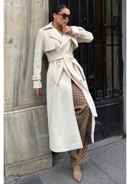 Pelerin Detaylı Kruvaze Kaban Ekru 3091