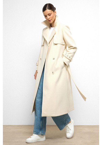 Pelerin Detaylı Kruvaze Kaban Ekru 3091