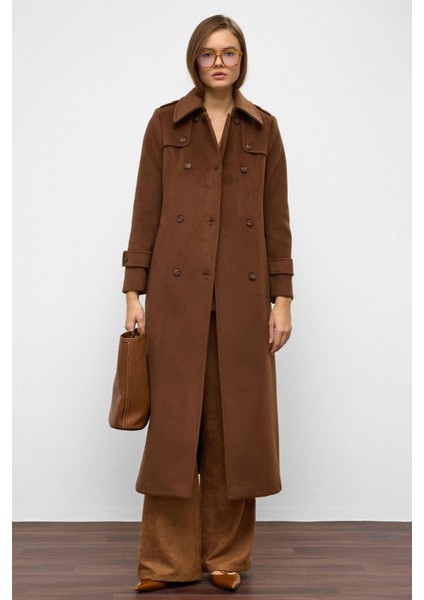 Pelerin Detaylı Kruvaze Uzun Boy Kaban Tütün 3087