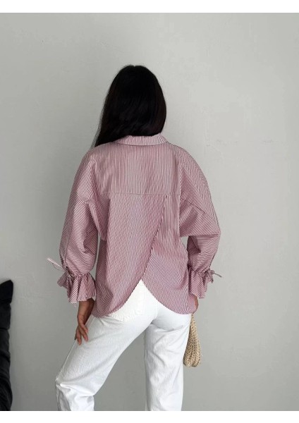 Kadın Arkası Asimetrik Yırtmaç Kesim Detaylı Cizgili Bluz Gömlek - Bordo fırsatları