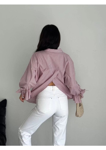 Kadın Arkası Asimetrik Yırtmaç Kesim Detaylı Cizgili Bluz Gömlek - Bordo indirimleri