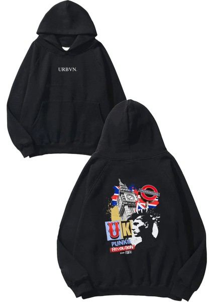Uk Punk Tasarım Baskılı Oversize Siyah Kapüşonlu Sweatshirt