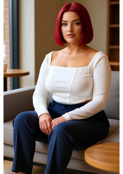 Kadın Moda Şık Büyük Beden Crop Kare Yaka Fitted Kalıp Örme Fittilli Biye Detaylı Bluz