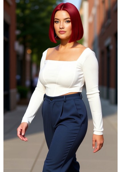 Kadın Moda Şık Büyük Beden Crop Kare Yaka Fitted Kalıp Örme Fittilli Biye Detaylı Bluz fırsatları