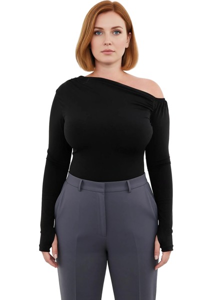 Kadın Moda Şık Büyük Beden Regular Asimetrik Yaka Fitted Kalıp Örme Büzgülü Tek Omuz Bluz fiyatları