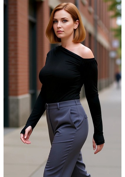 Kadın Moda Şık Büyük Beden Regular Asimetrik Yaka Fitted Kalıp Örme Büzgülü Tek Omuz Bluz fırsatları