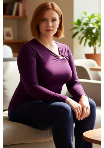 Kadın Örme Bluz Büyük Beden Asimetrik Yaka ve Şık Aksesuar Detayı Kaliteli Şık Rahat Modern