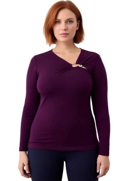 Kadın Örme Bluz Büyük Beden Asimetrik Yaka ve Şık Aksesuar Detayı Kaliteli Şık Rahat Modern fiyatları