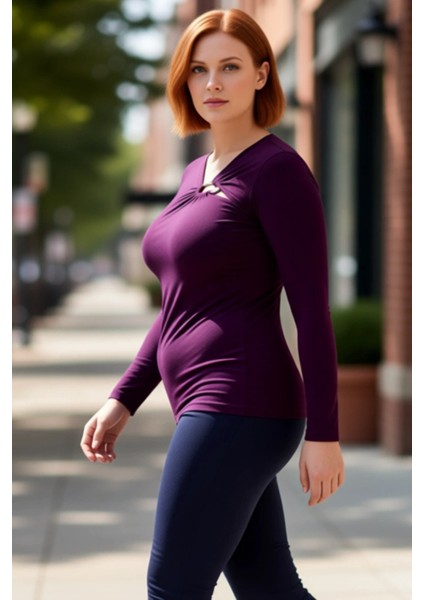 Kadın Örme Bluz Büyük Beden Asimetrik Yaka ve Şık Aksesuar Detayı Kaliteli Şık Rahat Modern fırsatları