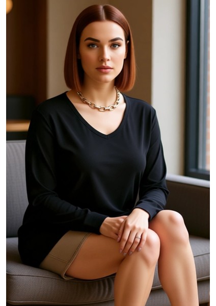 Kadın Moda Şık Büyük Beden Uzun V Yaka Regular Kalıp Örme Boyfriend Yırtmaçlı Bluz