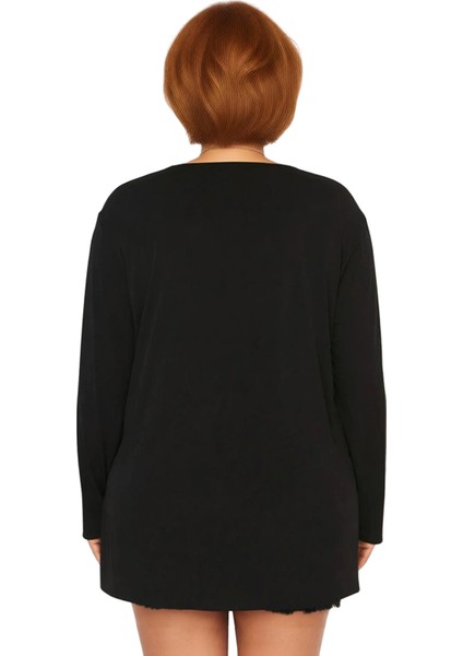 Kadın Moda Şık Büyük Beden Uzun V Yaka Regular Kalıp Örme Boyfriend Yırtmaçlı Bluz modelleri