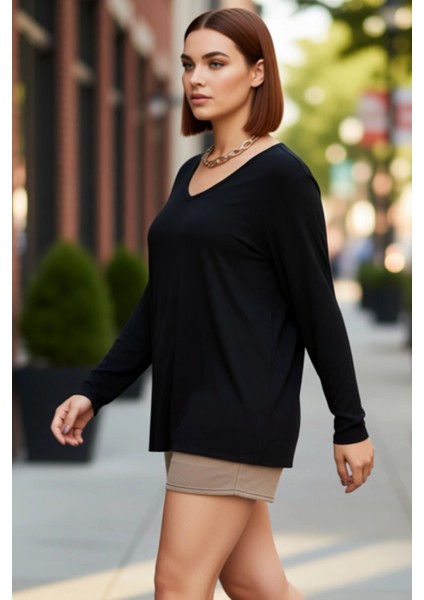 Kadın Moda Şık Büyük Beden Uzun V Yaka Regular Kalıp Örme Boyfriend Yırtmaçlı Bluz fırsatları