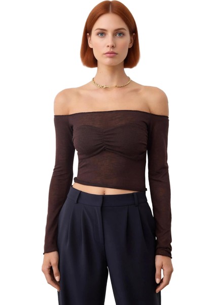 Kadın Düşük Kol Carmen Yaka Uzun Kollu Fitted Üst Kaliteli Şık Rahat Modern Zarif Günlük fiyatları