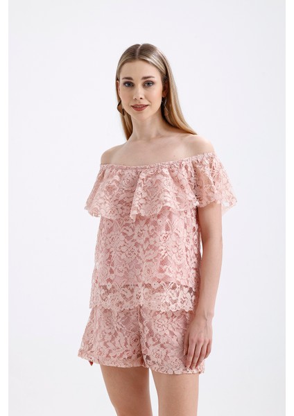 Volan Detaylı Astarlı Dantel Bluz | BLZ33454