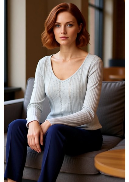 Kadın V Yaka Esnek Örme Bluz Uzun Kollu Kaliteli Şık Rahat Modern Zarif Günlük