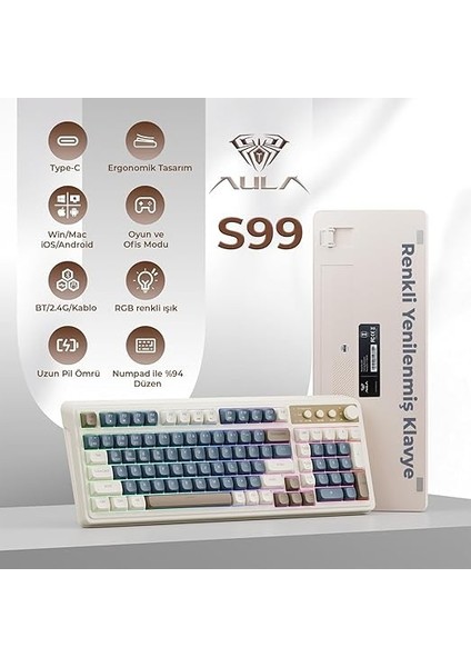 S99 Retro Rgb Gaming 3 Modlu Bluetooth/2.4ghz/usb-C Kablosuz Makrolu Türkçe Q Klavye Lacivert fiyatları