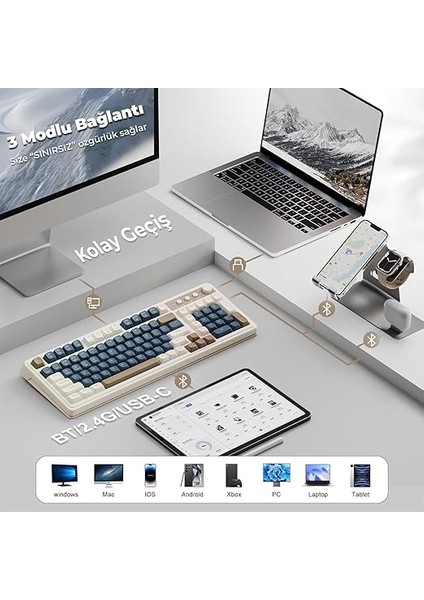 S99 Retro Rgb Gaming 3 Modlu Bluetooth/2.4ghz/usb-C Kablosuz Makrolu Türkçe Q Klavye Lacivert indirimleri