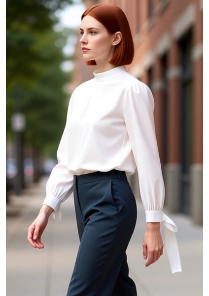 Zarif Bağlama Detaylı Dik Yaka Saten Bluz Kadın Giyim Kaliteli Şık Rahat Modern Zarif Günlük