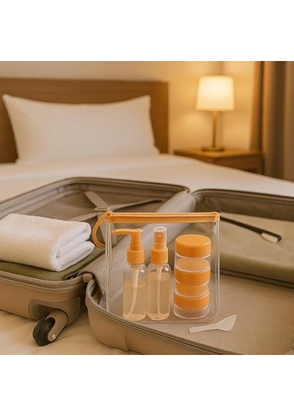 Suwors Seyahat Kozmetik Seti 9 Parça – 3 Şişe + 3 Krem Kabı + Huni + Spatula + Şeffaf Çanta | Uçak Için Uygun, Doldurulabilir, Taşınabilir Bakım Seti
