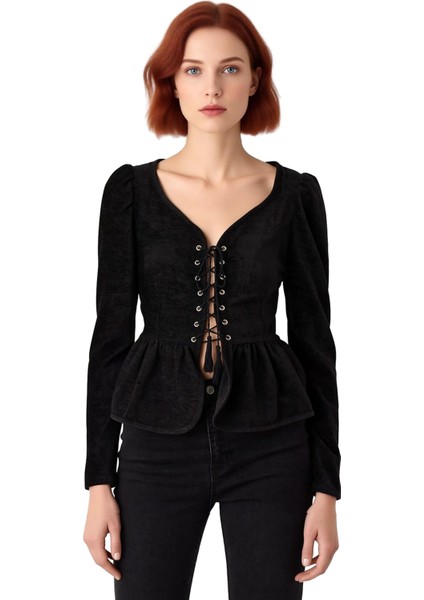 Kadın V Yaka Bağcıklı Peplum Detaylı Uzun Kollu Dokuma Üst Kaliteli Şık Rahat Modern Zarif fiyatları