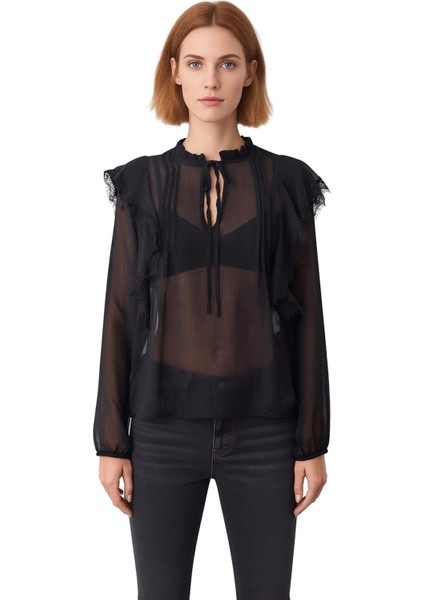 Kadın Bluz Şifon Kumaş Transparan Detaylar Dantel Süslemeler Balon Kol Tasarım Kaliteli Şık