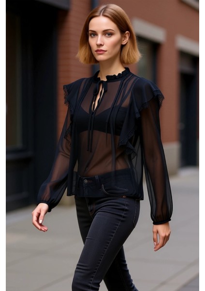 Kadın Bluz Şifon Kumaş Transparan Detaylar Dantel Süslemeler Balon Kol Tasarım Kaliteli Şık modelleri