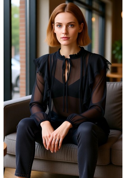 Kadın Bluz Şifon Kumaş Transparan Detaylar Dantel Süslemeler Balon Kol Tasarım Kaliteli Şık fırsatları