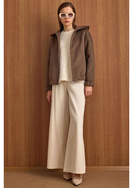 Kapüşonlu Beli Lastikli Oversize Kısa Kaban VİZON 3162