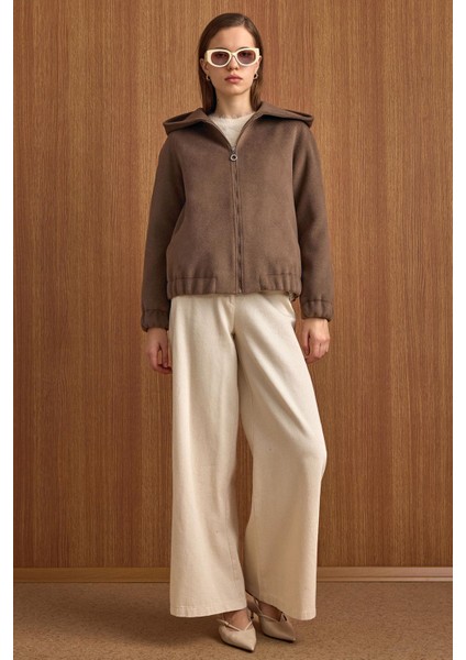 Kapüşonlu Beli Lastikli Oversize Kısa Kaban VİZON 3162