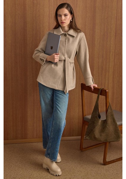 Gömlek Yaka Kuşak Detaylı Oversize Kısa Kaban TAŞ 3155