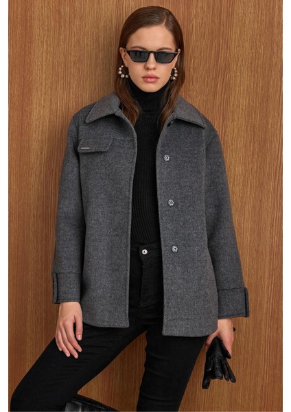 Gömlek Yaka Kuşak Detaylı Oversize Kısa Kaban KOYU GRİ 3155