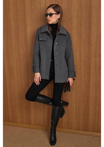 Gömlek Yaka Kuşak Detaylı Oversize Kısa Kaban KOYU GRİ 3155