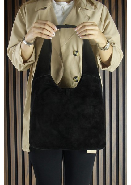 Siyah Hakiki Dana Süet Püsküllü Manyetik Kapaklı Orta Boy Günlük Omuz Çantası fiyatları